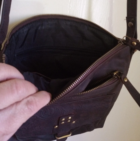 Rustic Dark brown floral embossed burnished leather crossbody bag - Picture 6 of 11